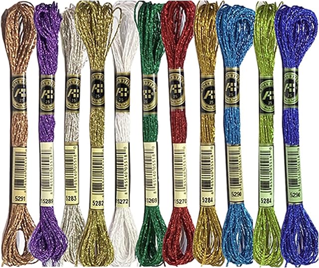 11 Pcs Embroidery Thread with Metallic Style, Luxurious Embroidery Skein Pack Include 8 Meter & 12 Cotton Bundle in One Threads, Great for DIY Crafts (11 Colors)