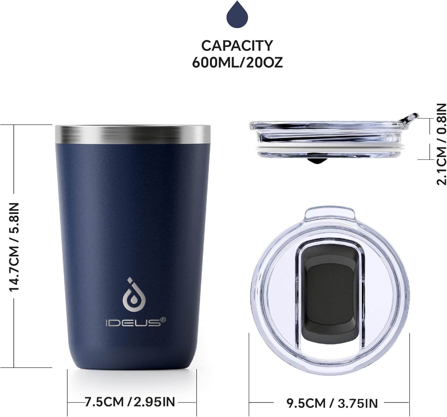 Ideus 20 oz Tumbler, Travel Coffee Mug with Splash Proof Sliding Lid, Double Wall Stainless Steel Vacuum Insulated Coffee Mug for Home and Office, Keep Beverages Hot or Cold, Navy blue - Image 6
