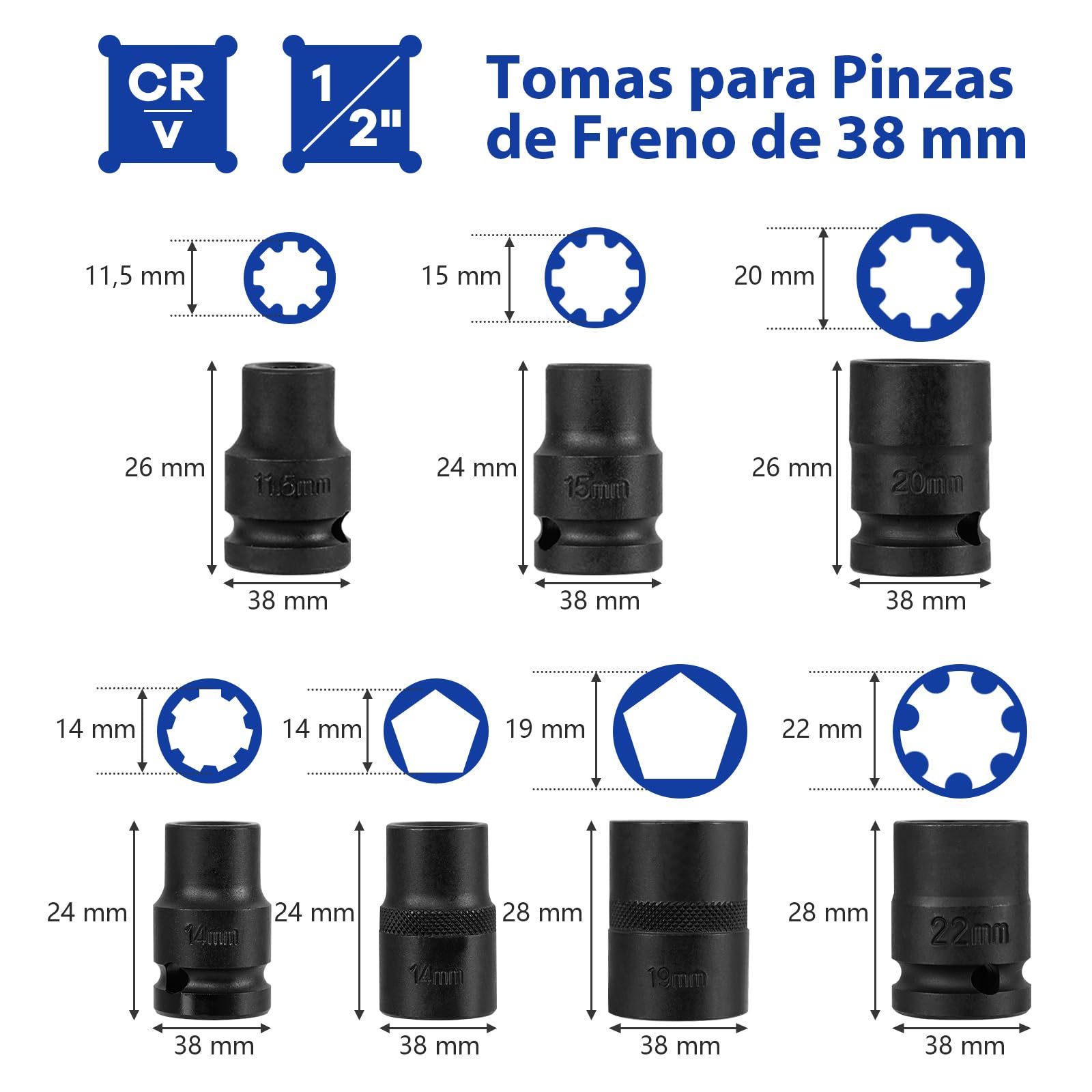GYMAX Juego de Vasos de Pinza de Freno de Impacto de 16 Piezas, Kit de Herramientas de Desmontaje de Pinza de Freno de Alto Par de Apriete Cuadrado 1,3 cm, con Caja, con BMW, AUDI, Benz (Naranja)