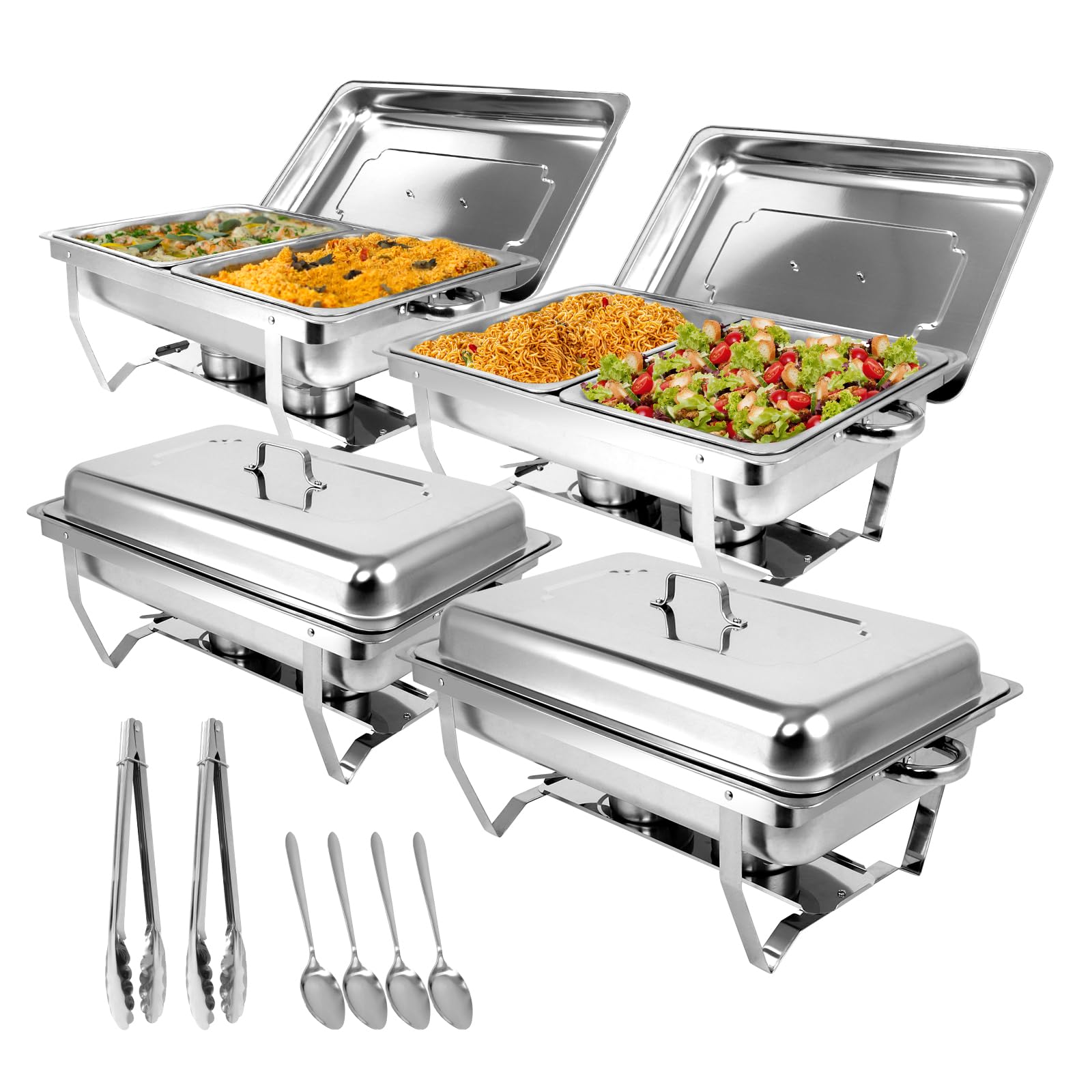 Chauffe-Plats en Acier Inoxydable, 9L Chafing Dish, Buffets Chauffants avec Pinces et Cuillères pour Fêtes, Mariage, Banquets, Restauration (4 pièces, 8 x GN 1/2)
