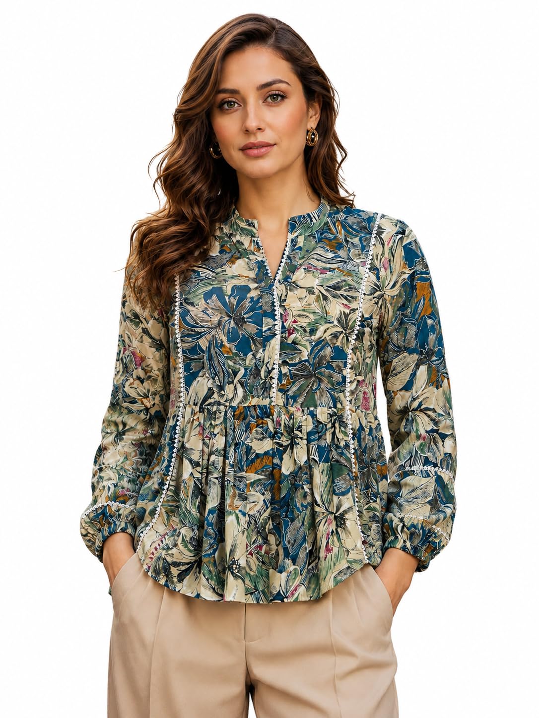 amazon brand - inkast Women's Floral Regular Fit Tops | Blouse | Elasticated Cuffs | Shirt-picture-48