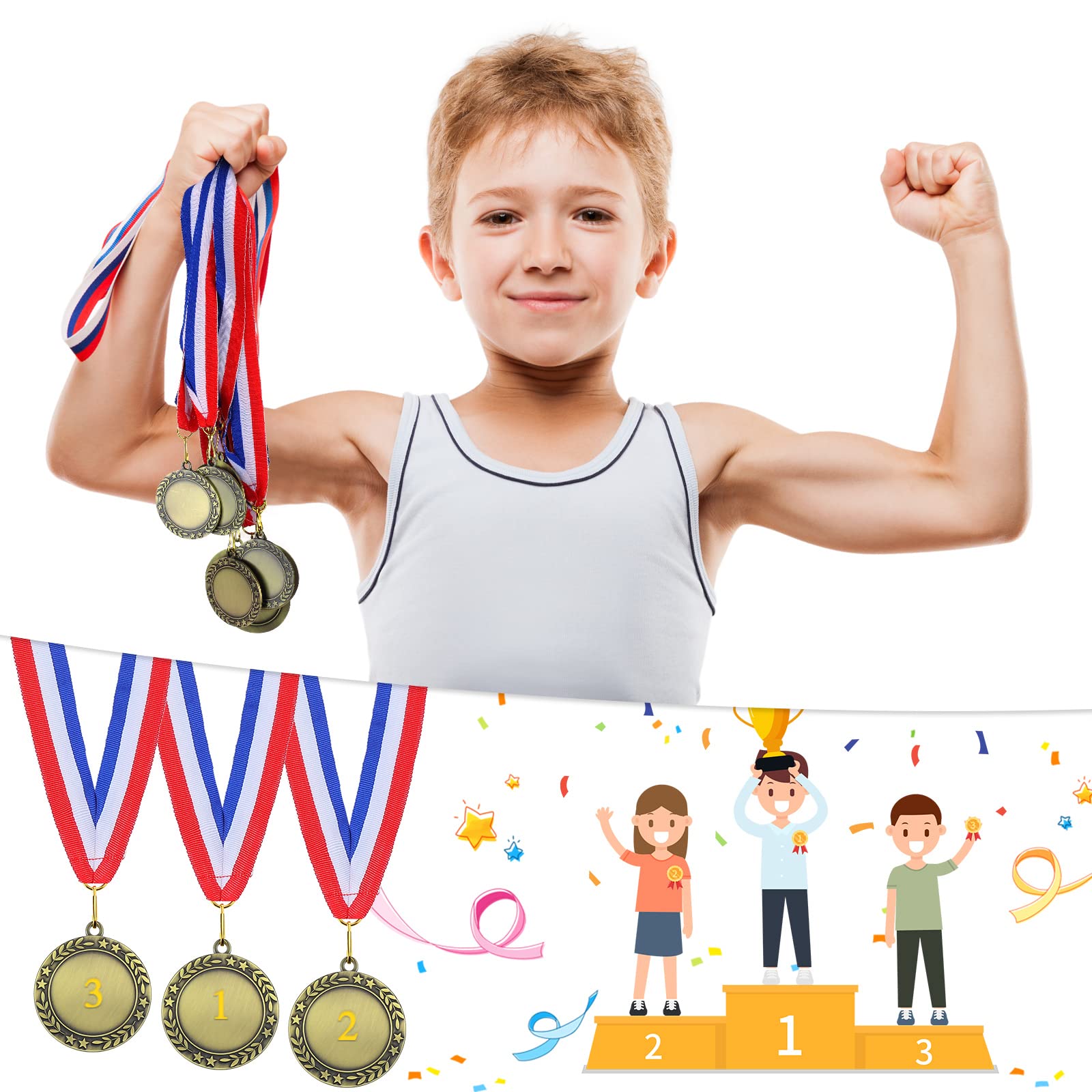 Kigeli 50 medallas de premio en blanco con cintas para el cuello, ganadores a granel, medallas de participación para hacer tu propio kit de medallas, medallas de primer lugar, premio de trofeo, regalo