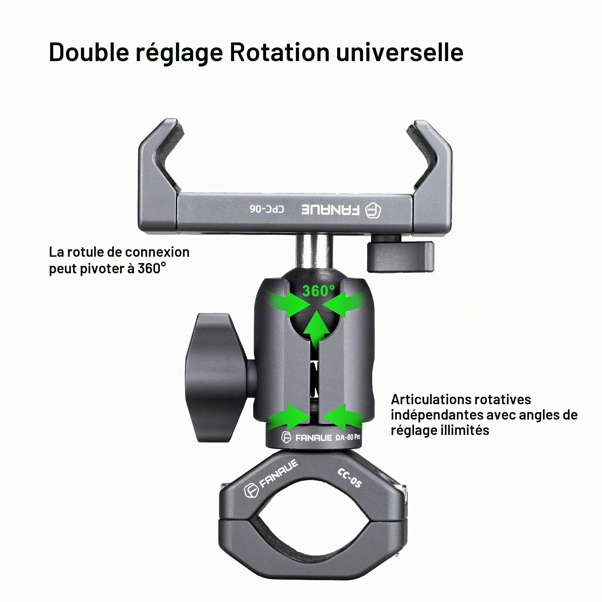 FANAUE Bras à douille unique avec support de serrage de guidon - Base en U compatible avec les supports RAM - Tête sphérique de 2,5 cm et support de téléphone pour vélo et moto - Peut être installé
