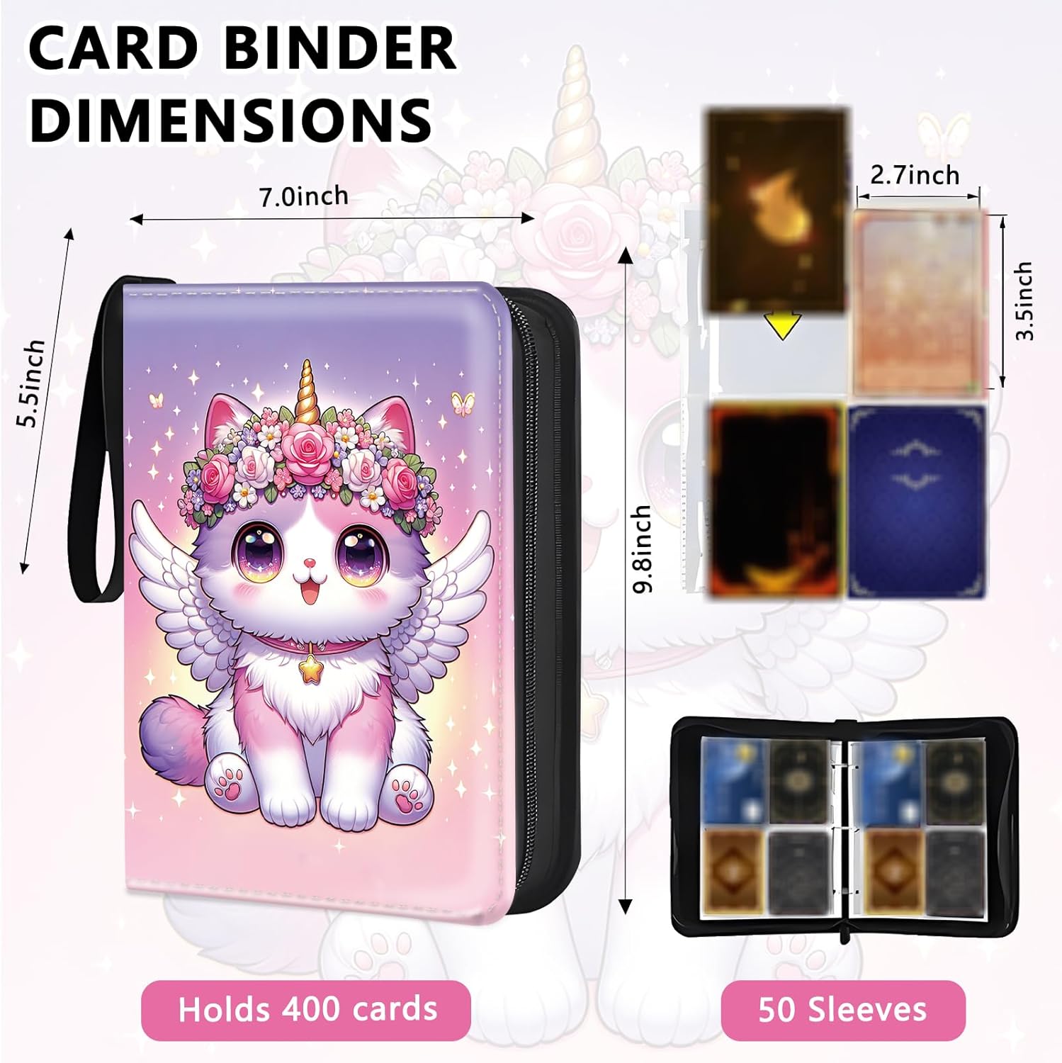 Cute Pink Trading Card Binder 4 Pocket for Girls Gifts 400 Pockets Card Binders Zipper Album Book Holder with 50 Removable Sleeves,Portable trading album holder Baseball Football Sports Tcg Card Case