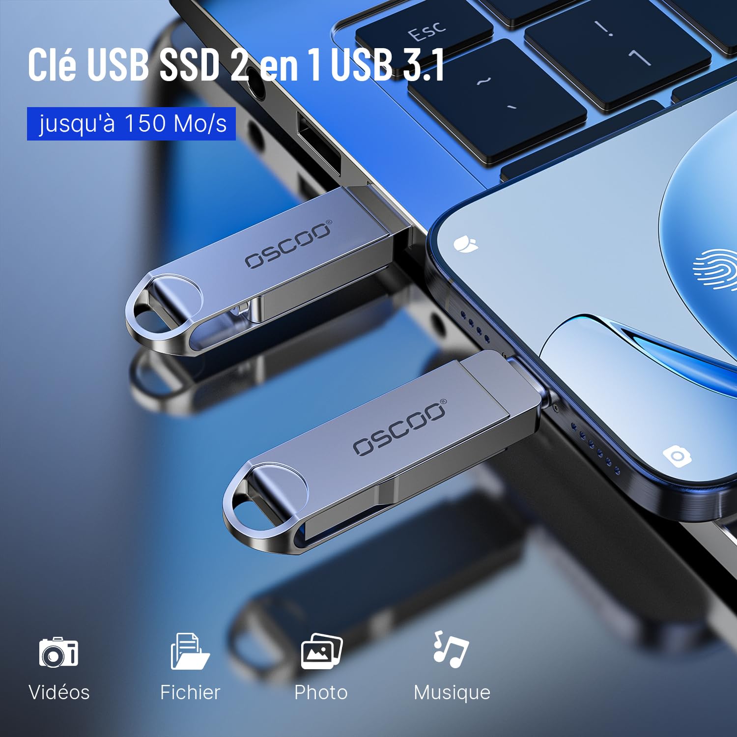Clé USB 256 Go, USB 3.1 Gen 1 double USB-C et USB-A, clé USB portable pour iPhone 15/16/17, Mac, téléphones Android, tablettes, ordinateurs portables, Mac, Windows - Sauvegarde photo et vidéo