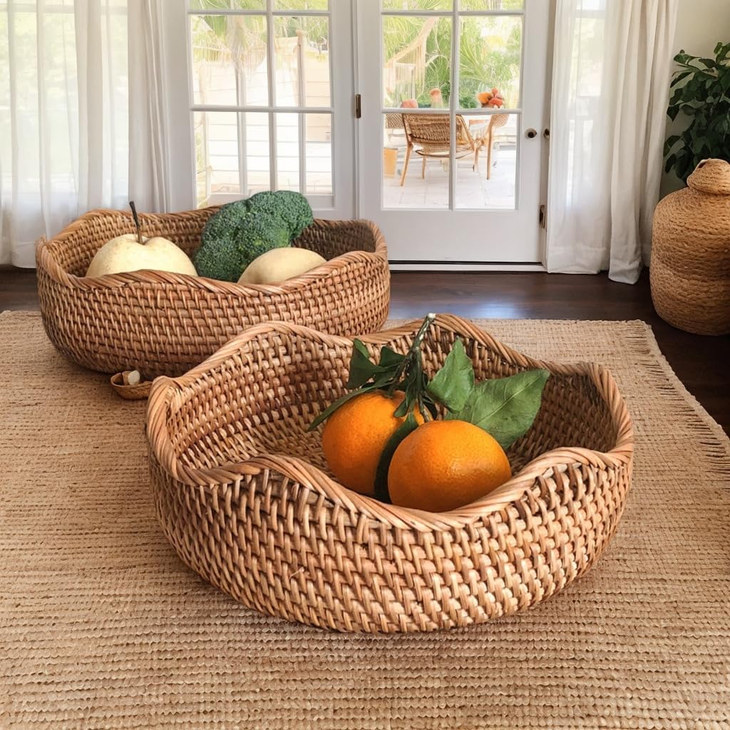 Handwoven 3-Piece Rattan Bread & Serving Basket Set, Natural Woven Rattan Baskets for Kitchen, Dining Room, or Home Decor, Small Medium Large Sizes, Vietnam Material