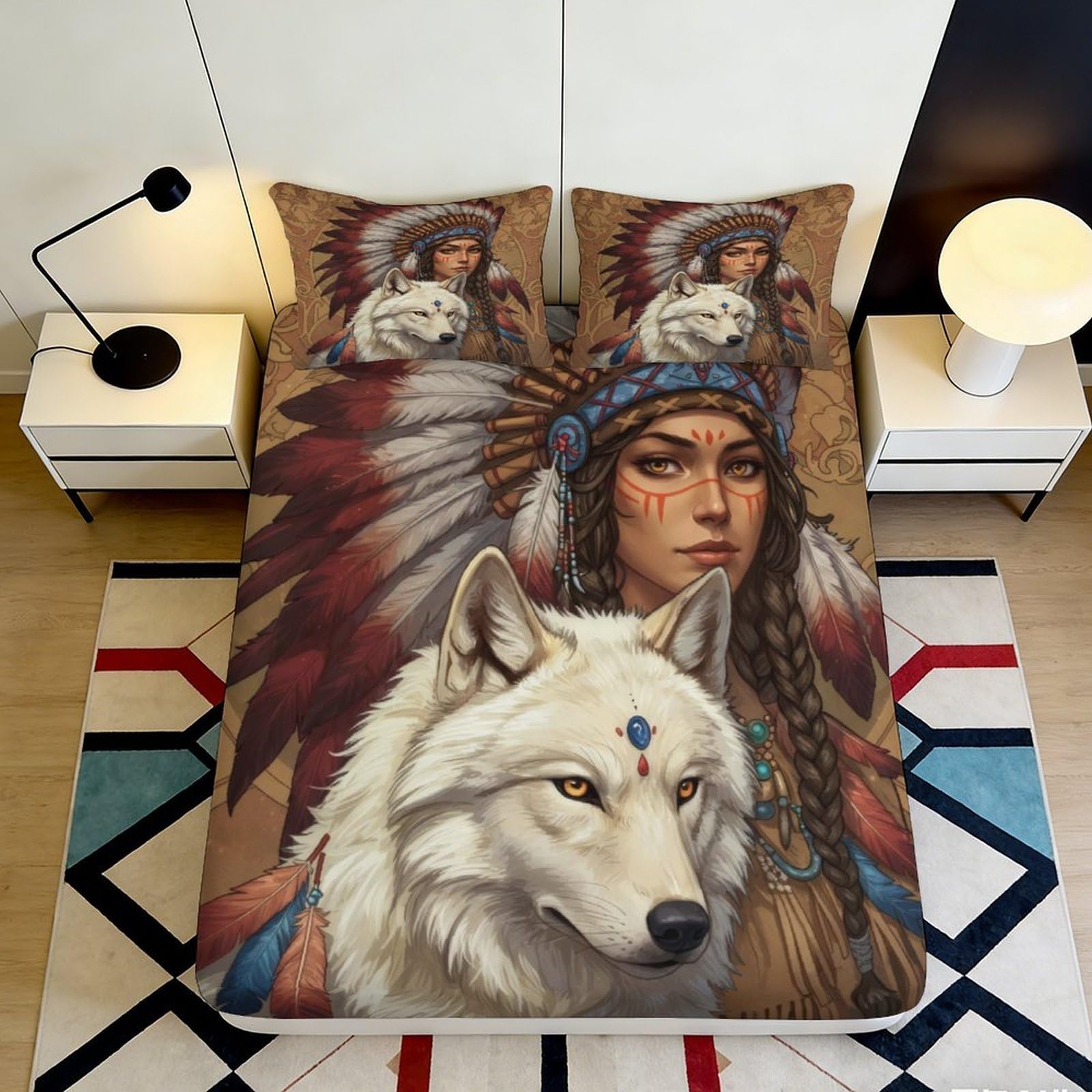 3D Printed Native Wolf Fitted Sheet Microfiber Non Slip Ethnic Headdress Mattress Cover Bedroom Decor Washable 90x200x25cm