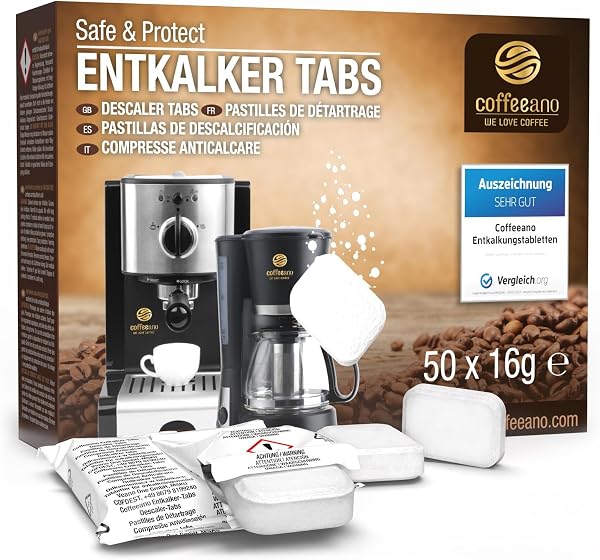 Coffeeano 50 Entkalkungstabletten für Kaffeevollautomaten und Kaffeemaschinen. Entkalkungs-Tabs für Delonghi, Siemens, EQ-Serie, Jura, Krups, Bosch, Miele, Melitta, WMF uvm. - 1