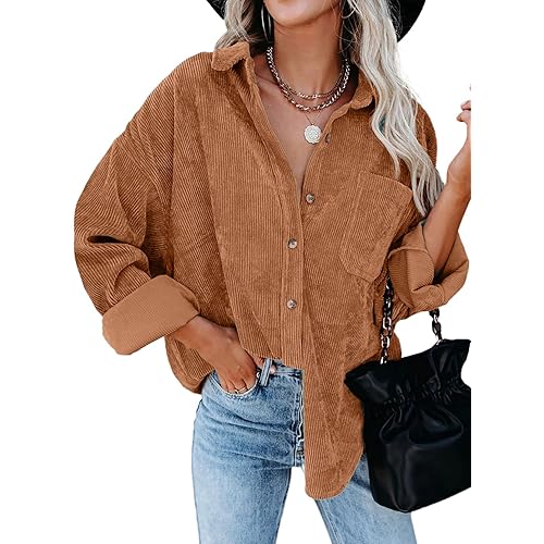 Dokotoo Womens Corduroy Button Down Shirts Boyfriend Long Sleeve Oversized Blouses Tops