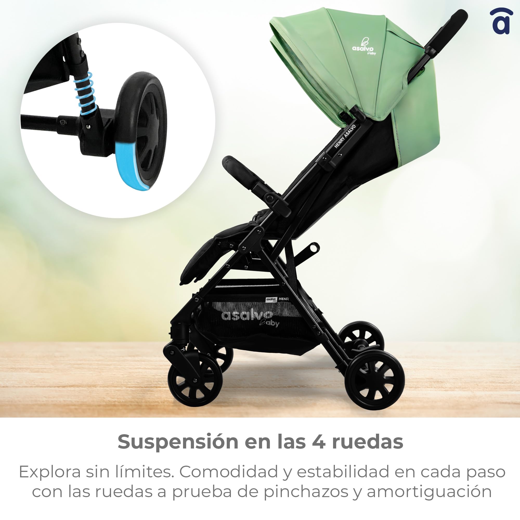 Asalvo DOUBLE HENRY Silla de paseo Doble, Cochecito doble para Gemelos y Hermanos, Ligera, Reclinable, Compacta, Plegable, Hasta 33kg, Freno trasero, Capota con ventana, Manejable, Verde