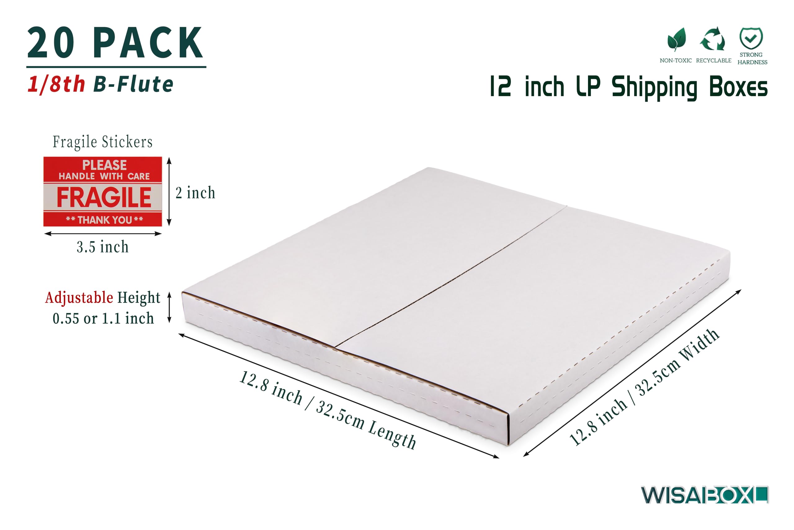 Cajas de cartón corrugado LP para envíos de discos de vinilo de 12.8 x 12.8 x 1 pulgadas, fáciles de plegar, cajas de envío de álbumes de profundidad múltiple con calcomanías frágiles