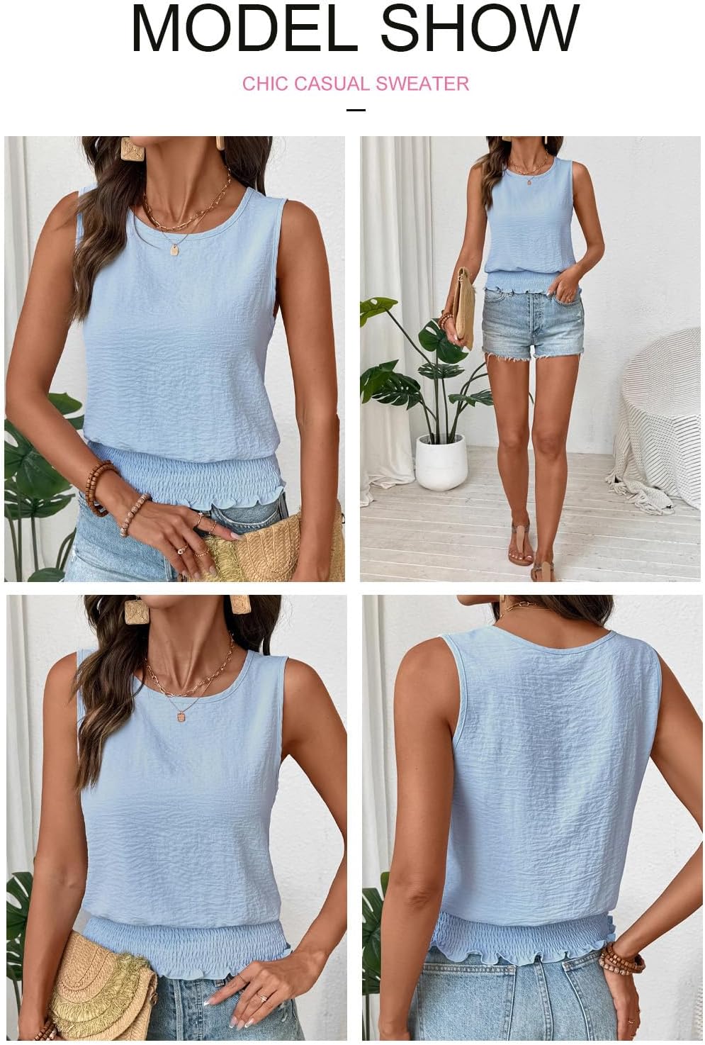 BLENCOT Summer Tank Tops for Women Sleeveless Casual Boho Cami Slim Fit Smocked Bottom Shirts - Image 6