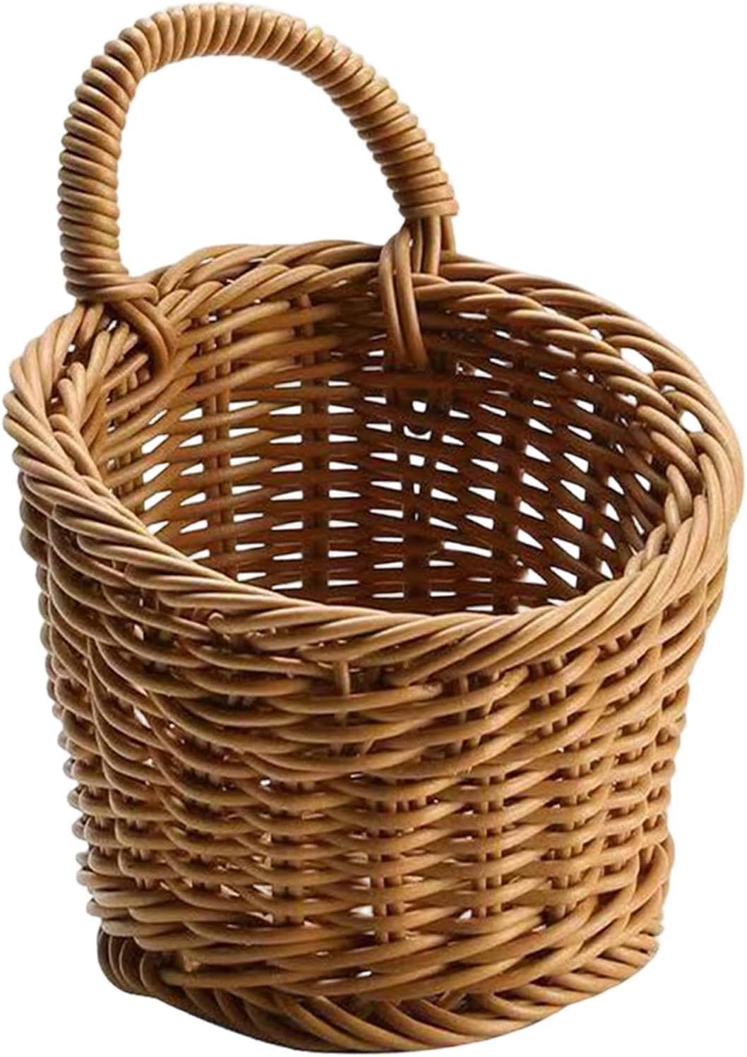 Imitation Rattan Woven Hanging Wall Basket Potato Garlic Onion Storage Basket, Wall Decorative Storage Basket Plastic Wicker Basket with Handle for Kitchen Fruits Vegetables - S