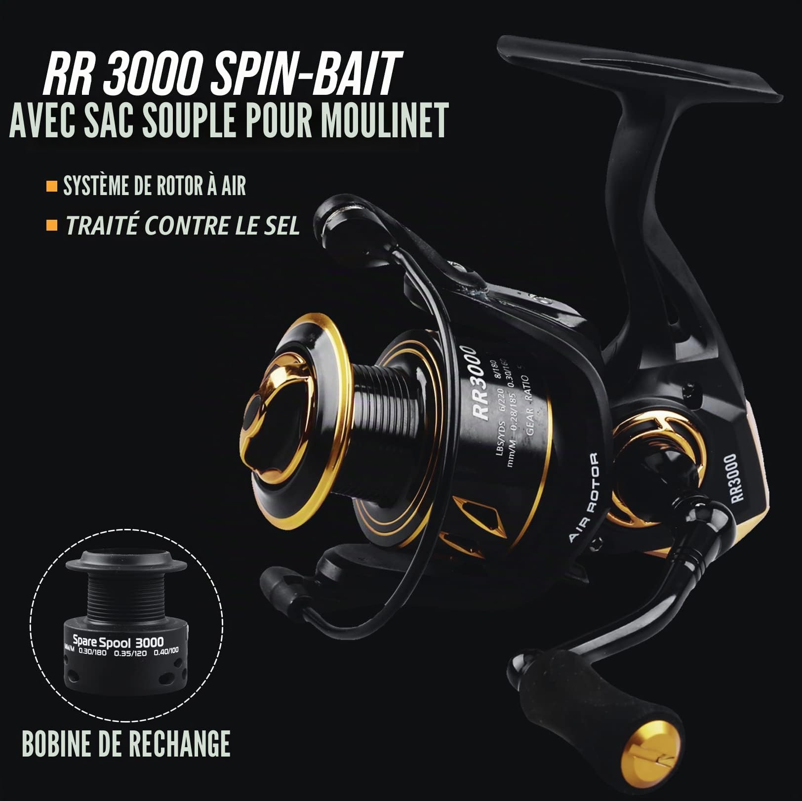 Moulinet de pêche RR 3000. Moulinet résistant et Durable protégé par Le sel pour pêche à la Carpe Spin Bait & LRF. Rapport 5.1.1. Roulement 4+1. Bobine de Rechange et Sac Moulinet Souple