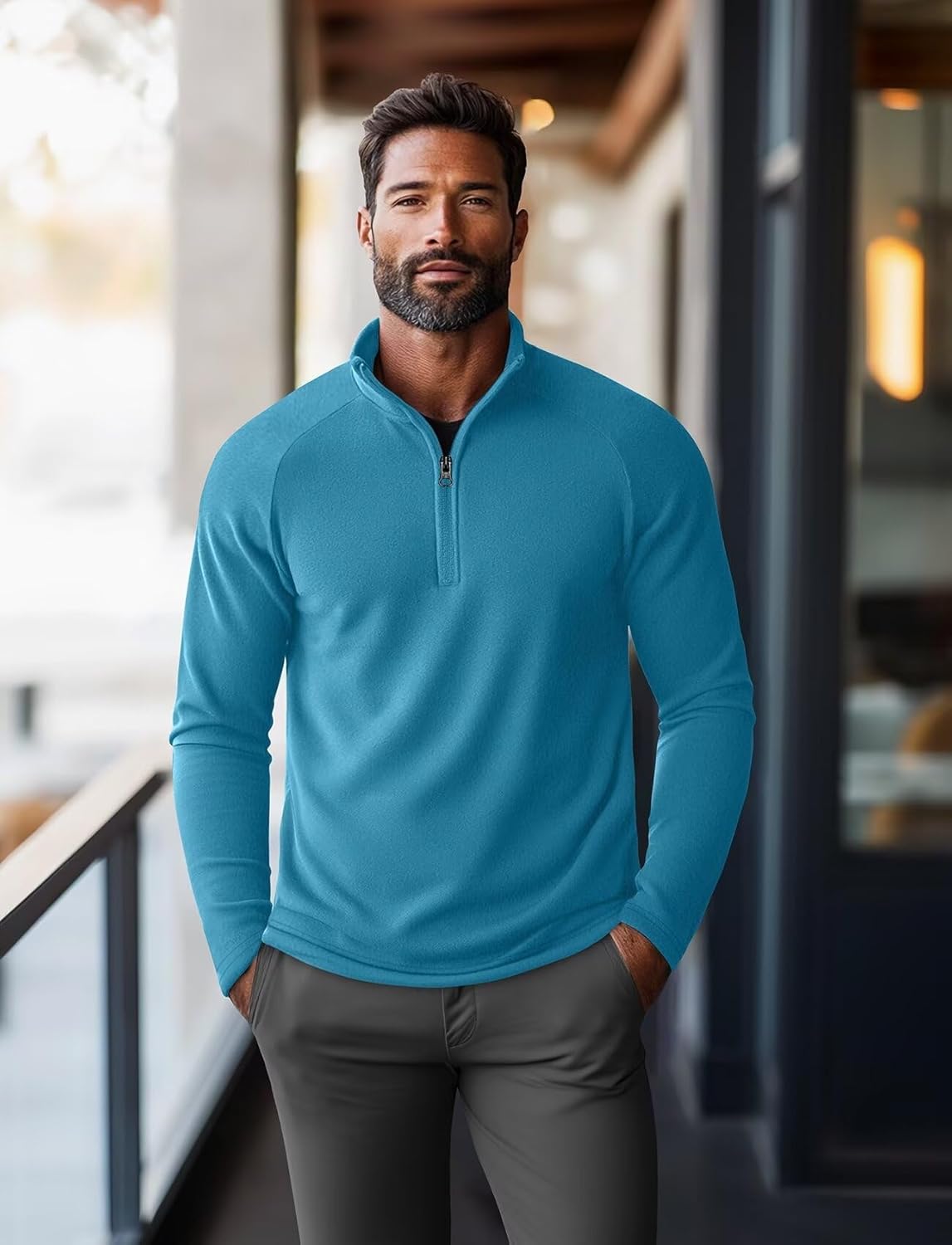 Zengjo Mens Quarter Zip Thin Fleece Pullover Shirt Lightweight 1/4-Zip Mock Neck Sweatshirt Thermal BaseLayer - Image 4