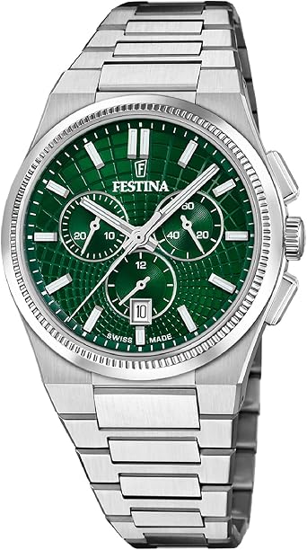 Festina Watch for men F20059/3 Swiss made classics silver stainless steel case silver stainless steel strap Green Bracelet