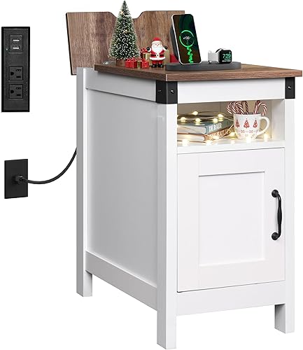 WLIVE Mesa auxiliar con estación de carga, mesa auxiliar estrecha para sala de estar, mesita de noche de granja con almacenamiento, pequeño gabinete