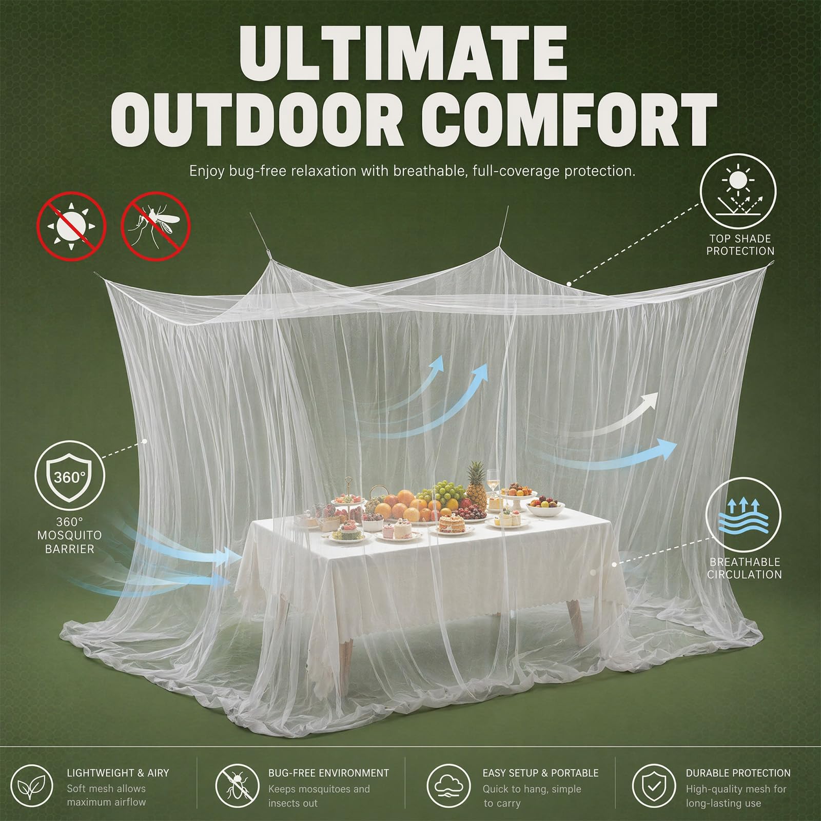 Mosquitera 300 x 300 x 250 cm – XXL mosquitera para exteriores, malla fina 220 con 1 puerta, red de protección contra insectos para cenador, jardín, terraza, balcón, camping y cama, color blanco
