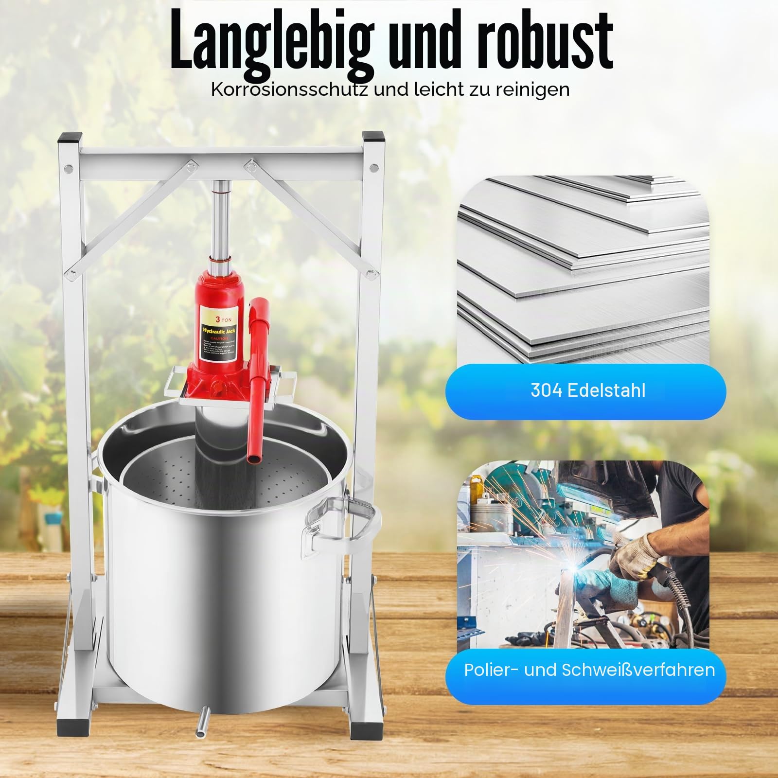 Obstpresse hydraulisch 22L 3T 304 Edelstahl Saftpresse manuell Fruchtpresse | Mostpresse Freistehend mit 5mm Druckplatte und Halterung für frischen Saft, Most und Wein im Haushalt(150kg Ｍax)