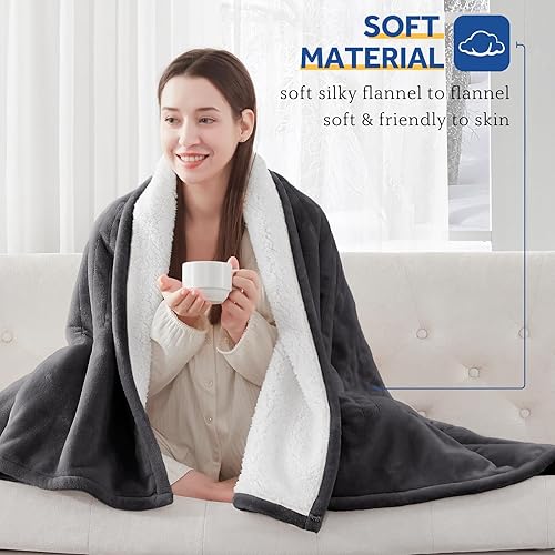 Miniatura 4 de SEALY Electric Blanket Twin Size, Flannel & Sherpa Heated Blanket with 10 Heating Levels & 1-12 Hours Auto Off, Machine Washable, Grey, 62x 84 Inch