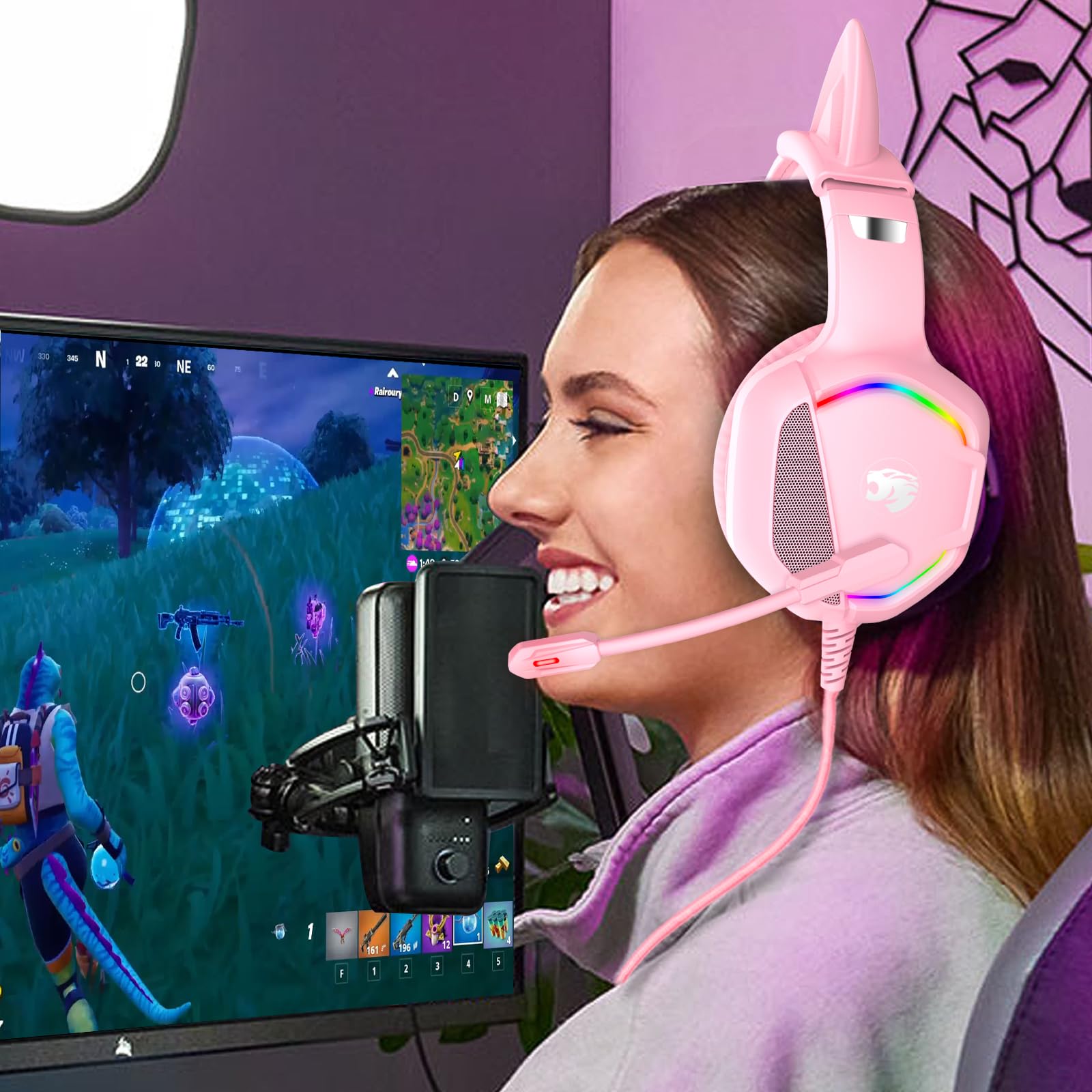 IMYB Gaming Headset mit Katzenohren abnehmbaren, RGB-Licht, Stereo Surround Noise Cancelling, Mikrofon für PC, PS4, PS5, Xbox One X/S, Mac, Laptop (Rosa)