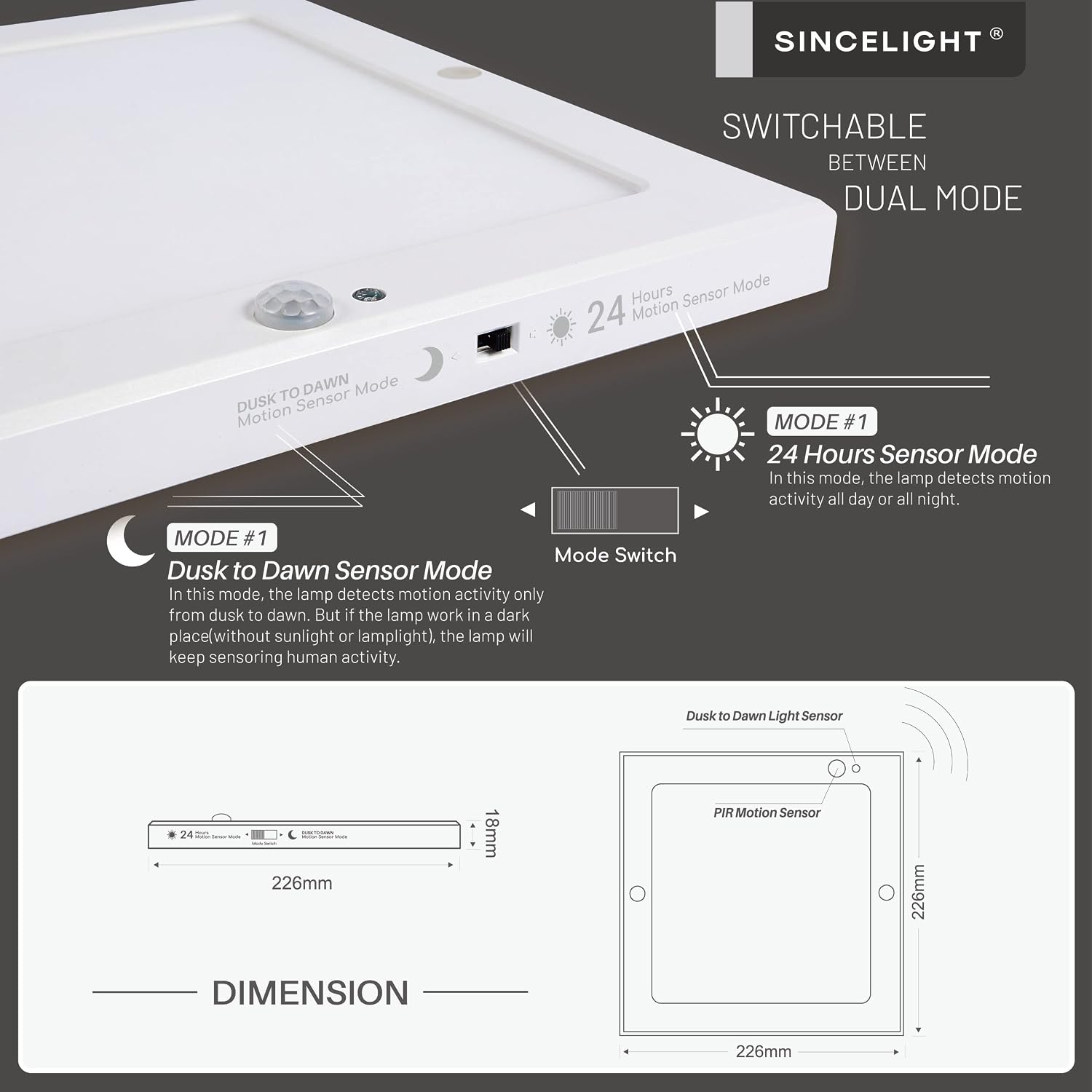SINCELIGHT PIR Motion Sensor 18W LED Ceiling Light (Square), Automatically ON/Off, Movement Activated, Dual Mode Turnable, Neutral White 4000K, Surface/Flush Mount for Hallway,Porch, Pack of 1 image 3