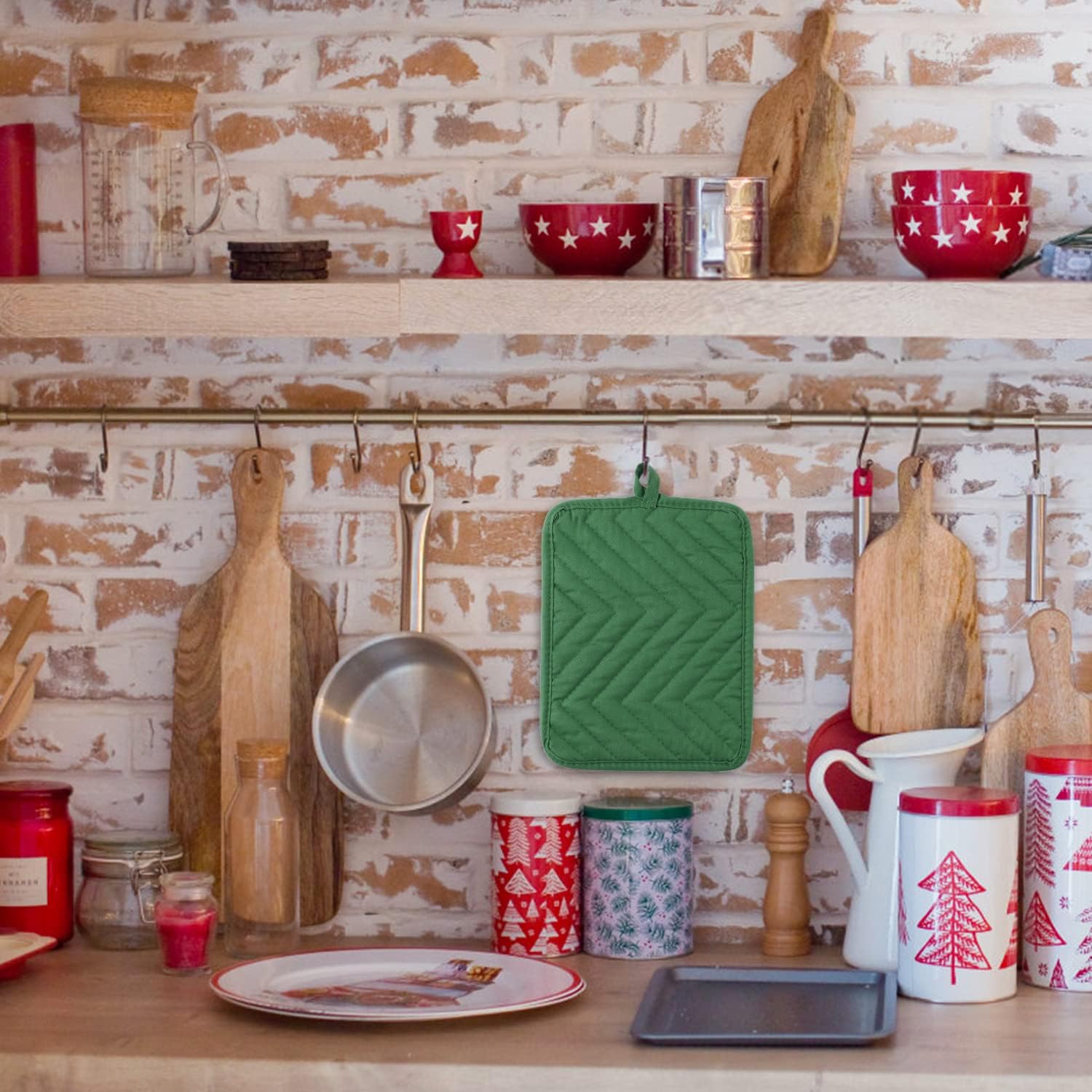 R HORSE 6Pcs Pot Holder with Pocket for Kitchen Christmas Green Pocket Pot Holder Set Cotton Heat Resistant Potholder Xmas Terry Coaster Oven Mitts Bulk Hot Pads Trivet for Baking Cooking 7''x9'' : Home & Kitchen