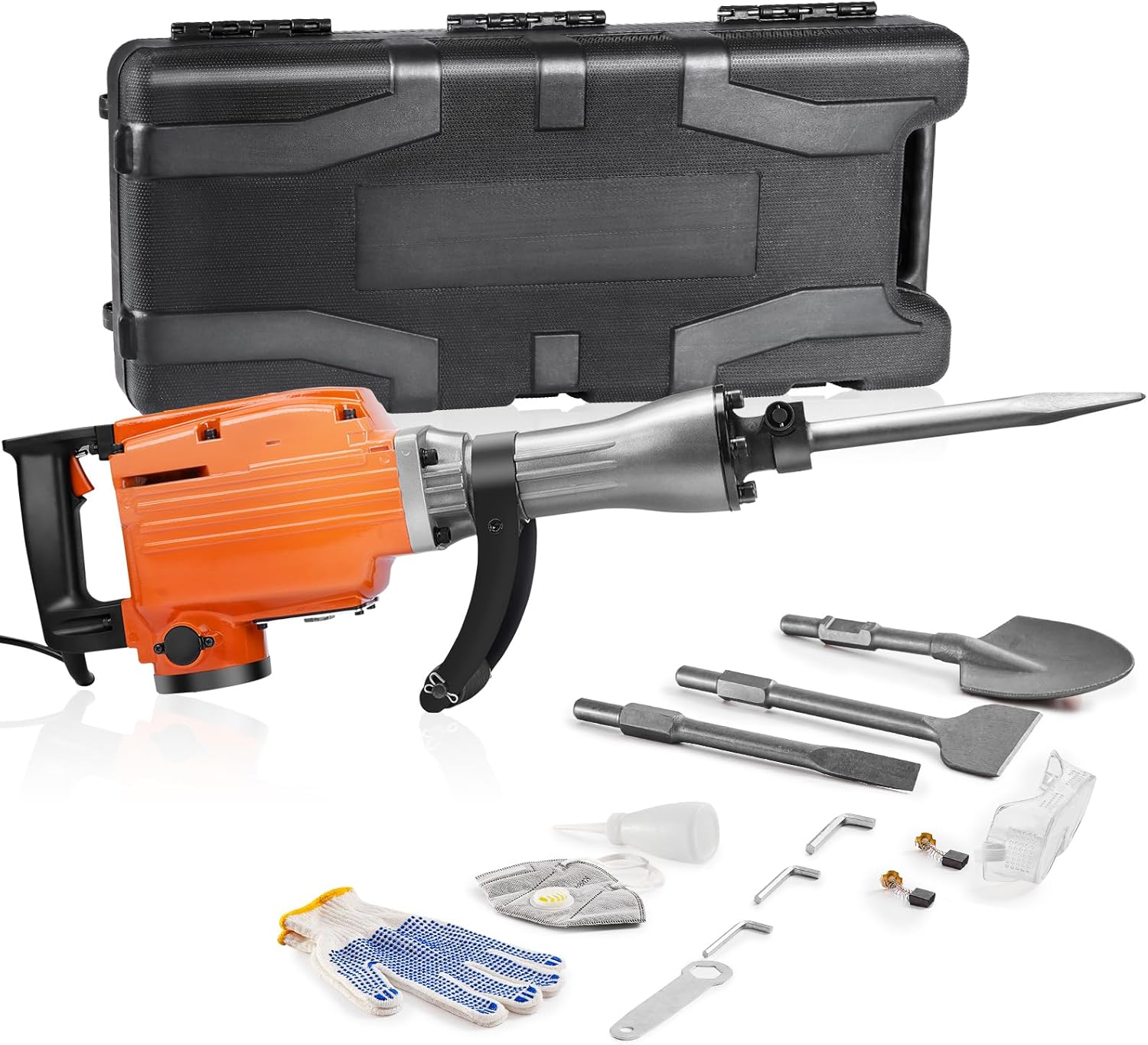vevor demolition jack hammer, max 2200w electric jackhammer heavy duty, 1350 bpm concrete breaker 4pcs chisels bit chipping w/case, gloves