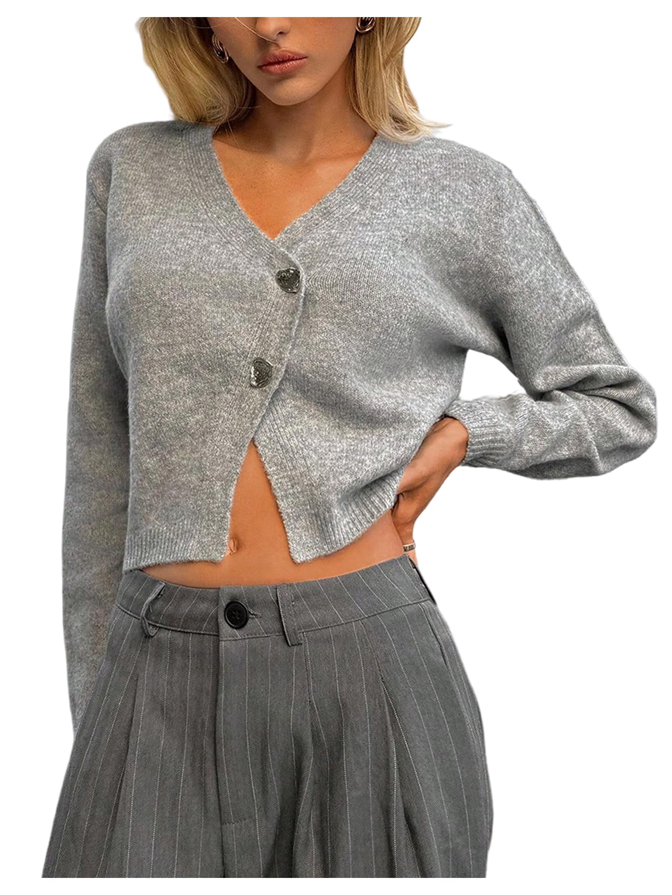 Floerns Womens Wrap V Neck Button Front Cardigans Long Sleeve Cropped Sweater Outwear