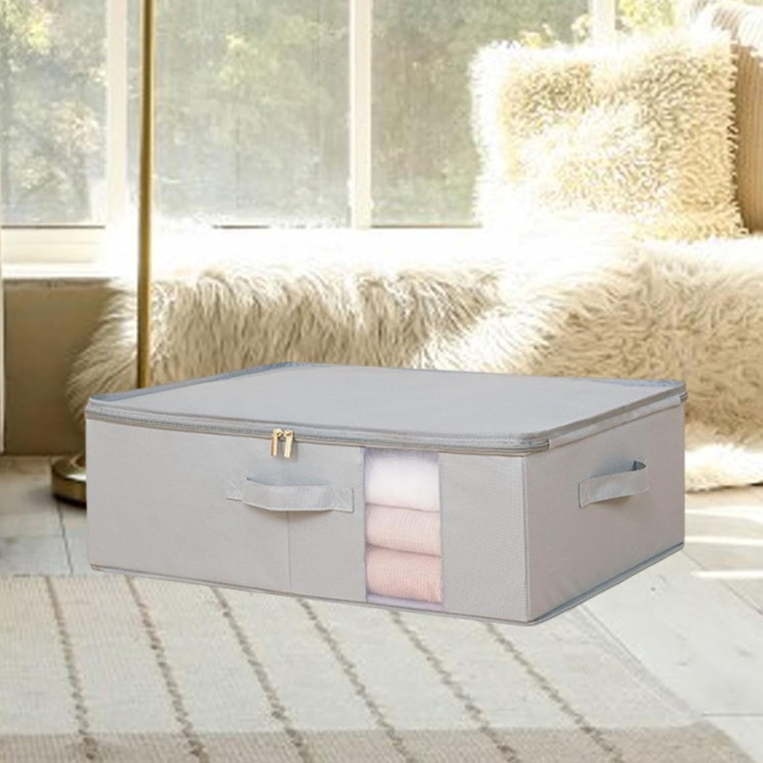 Under Bed Storage Box Storage Container Practical Double Zippers Storage Bin with Lid Clothes Organizer for Farmhouse Bedroom, Gray