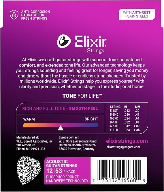 Elixir Strings, Acoustic Guitar Strings, Phosphor Bronze with NANOWEB Technology, Longest-Lasting Rich  Tone with Comfortable Feel, 4 Pack, Light 12-53