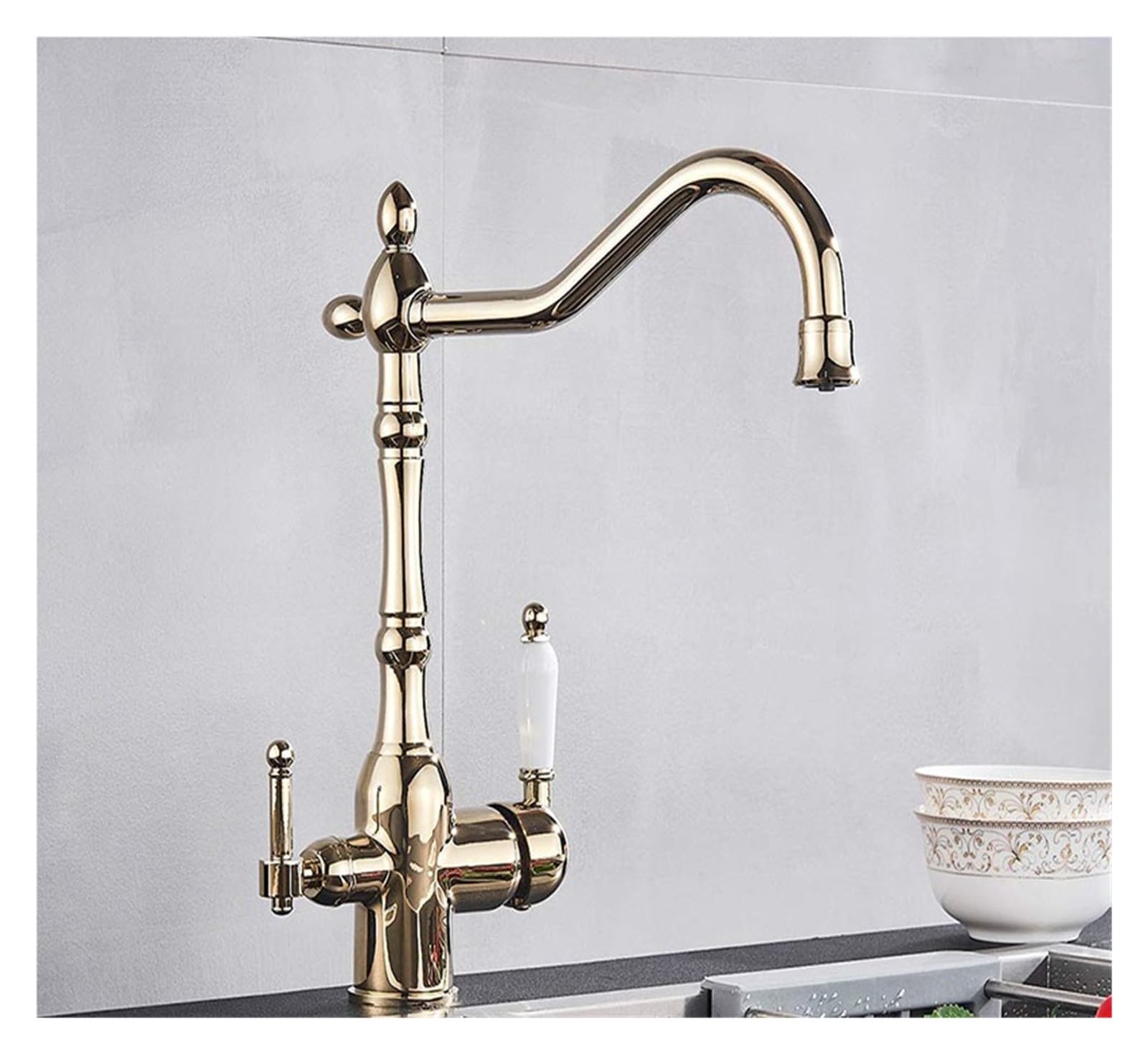 MXXQRHF Kitchen Faucets, Brass 360 Swivel Kitchen Double Handle Dual Water Mode hot and Cold Mixer Faucet (Gold)