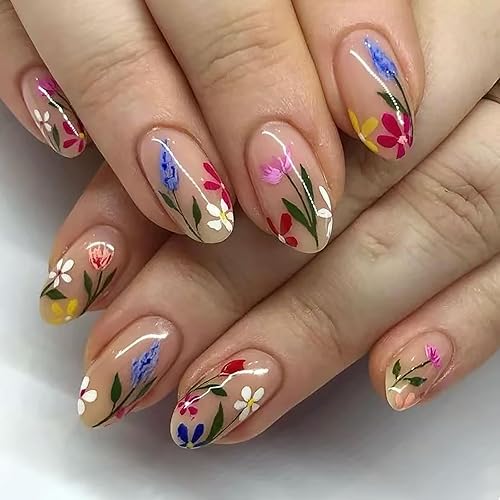Flower Press on Nails Short Almond SWEKKE Nude Fake Nails