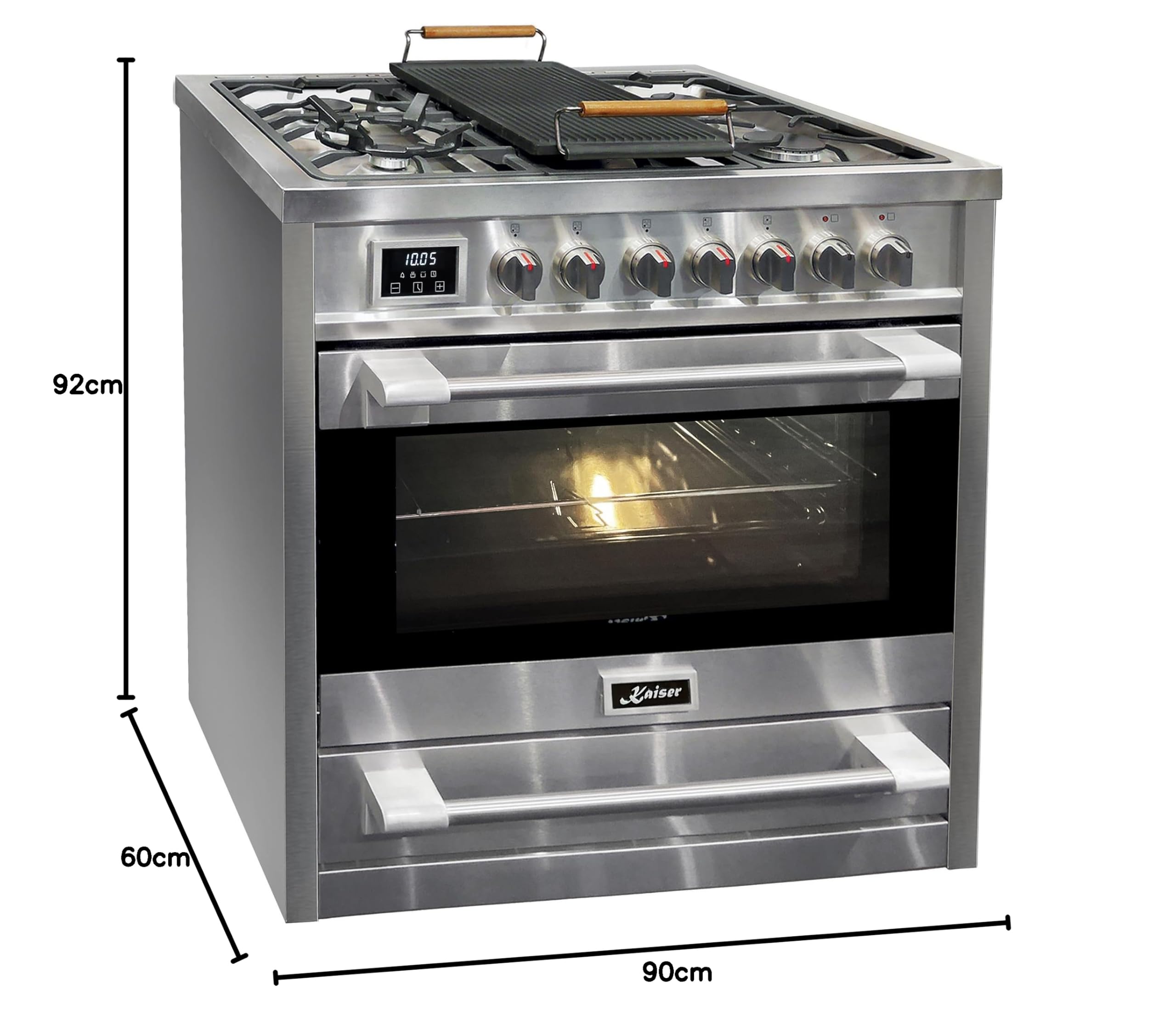 Kaiser Gasherd 90 cm HGE 93505 R Turbo Freistehender Gas-Standherd mit Elektro Backofen XXL 115L · Herd Gaskochfeld 5 Brenner Turbo-Wok + Elektrobackofen 8 Funktionen · Edelstahl/Gusseisen