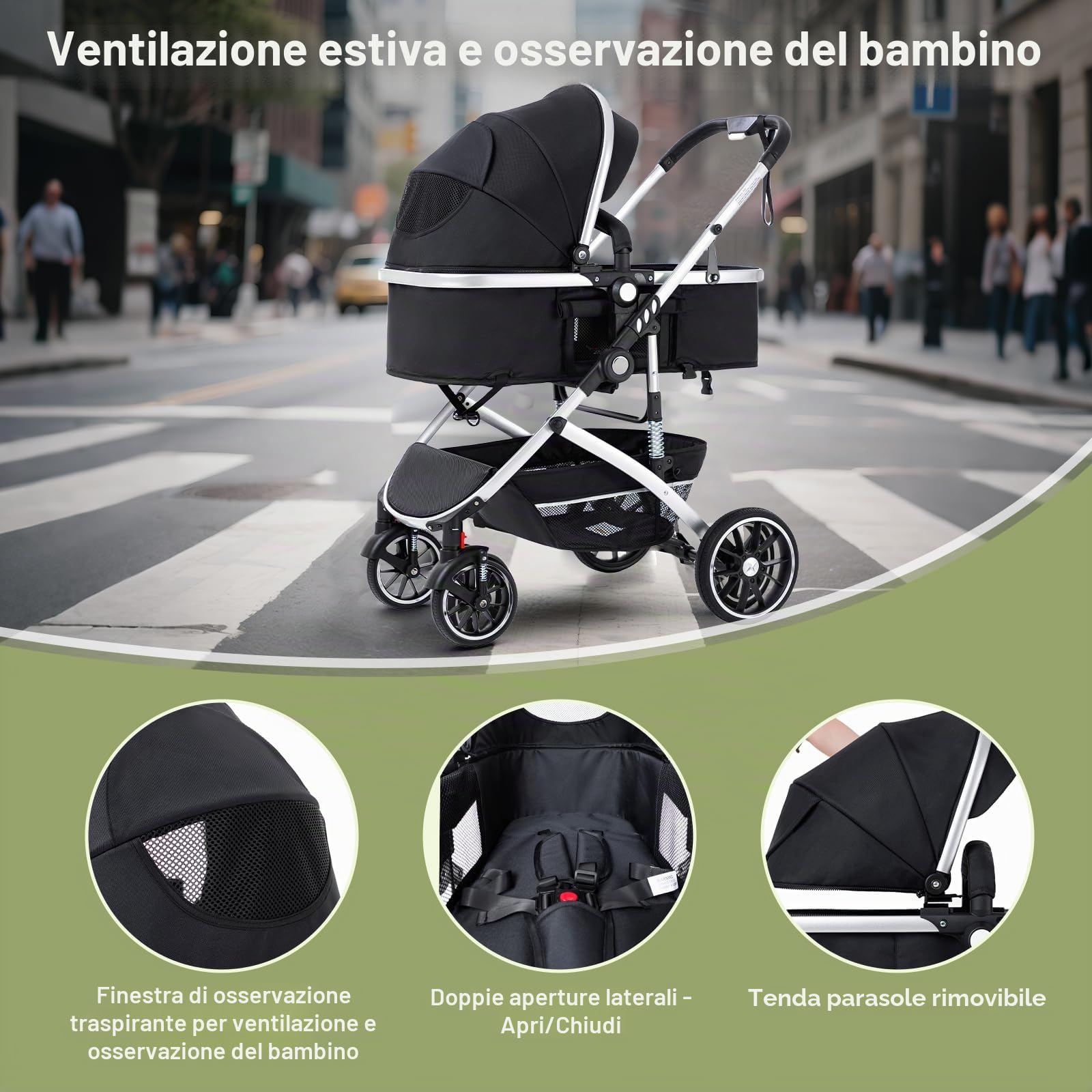 Passeggino 3 in 1 con seggiolino auto pieghevole telaio alluminio per neonati 0-4 anni