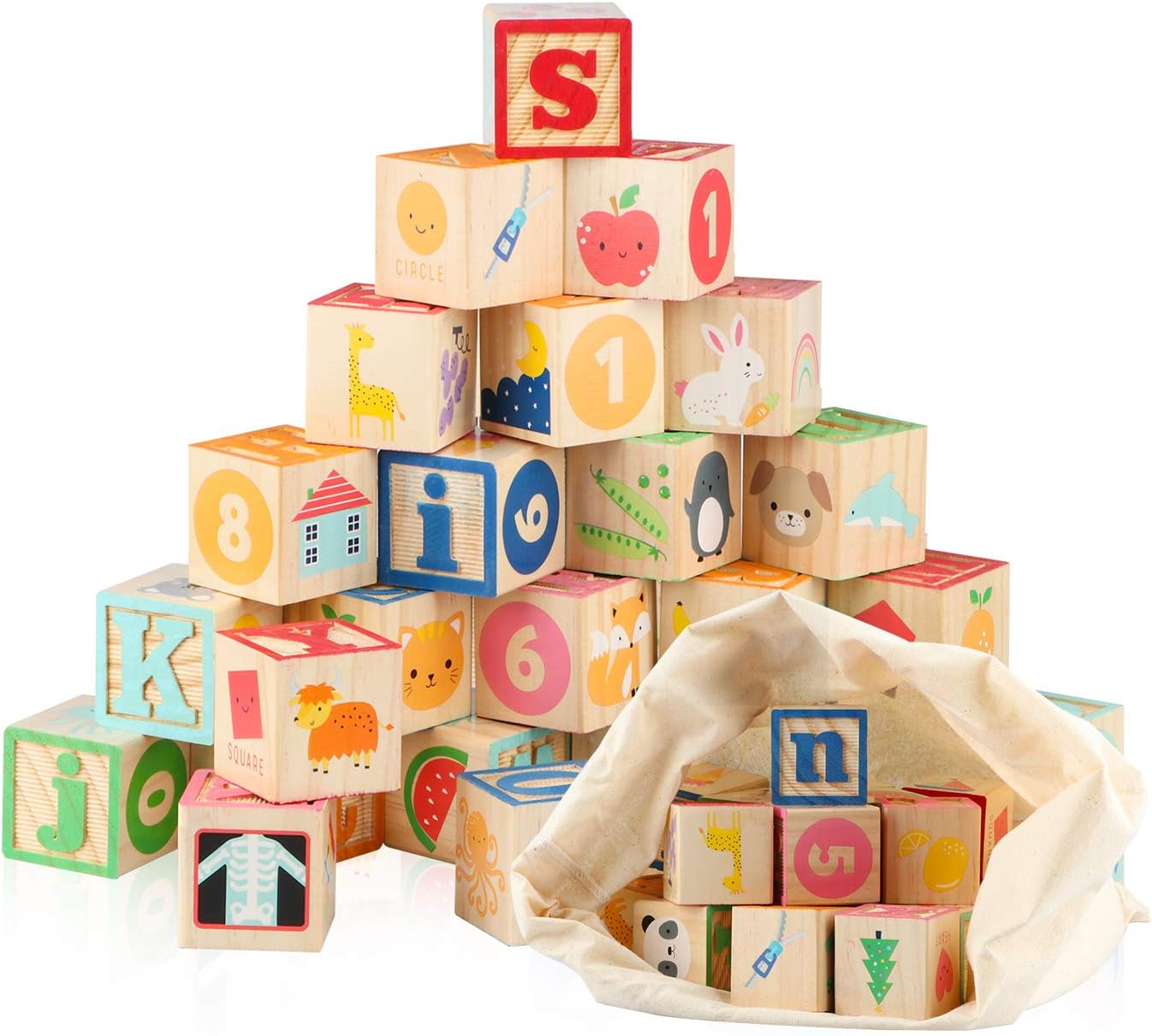Wooden ABC Building Blocks for Toddlers 1+Baby Wood Alphabet Number Blocks 26 PCS for Stacking Preschool Learning Educational Games Montessori Sensory Toys for Kids 1.65"