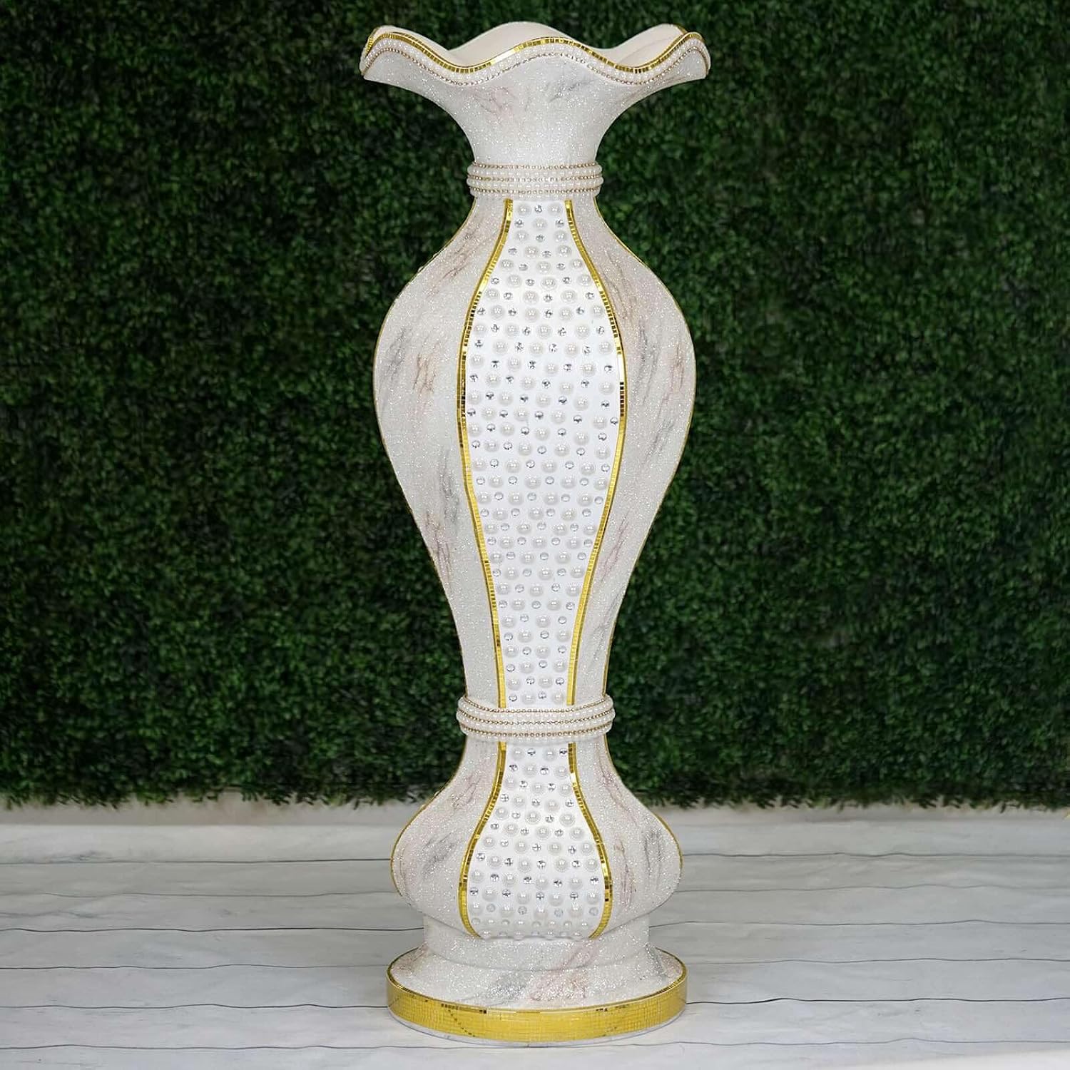 Efavormart 39" Shimmering Gold Glittered Marble Design Floor Flower Pot Vase with Pearls and Mirror Mosaic Embellishment