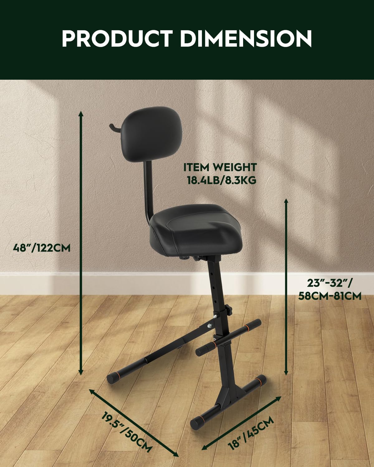 STRICH Sgabello per chitarra con schienale, sgabello regolabile, seduta regolabile in altezza con gancio per bassi acustici, sgabello per tamburo per adulti, batteristi e chitarristi SGT-40