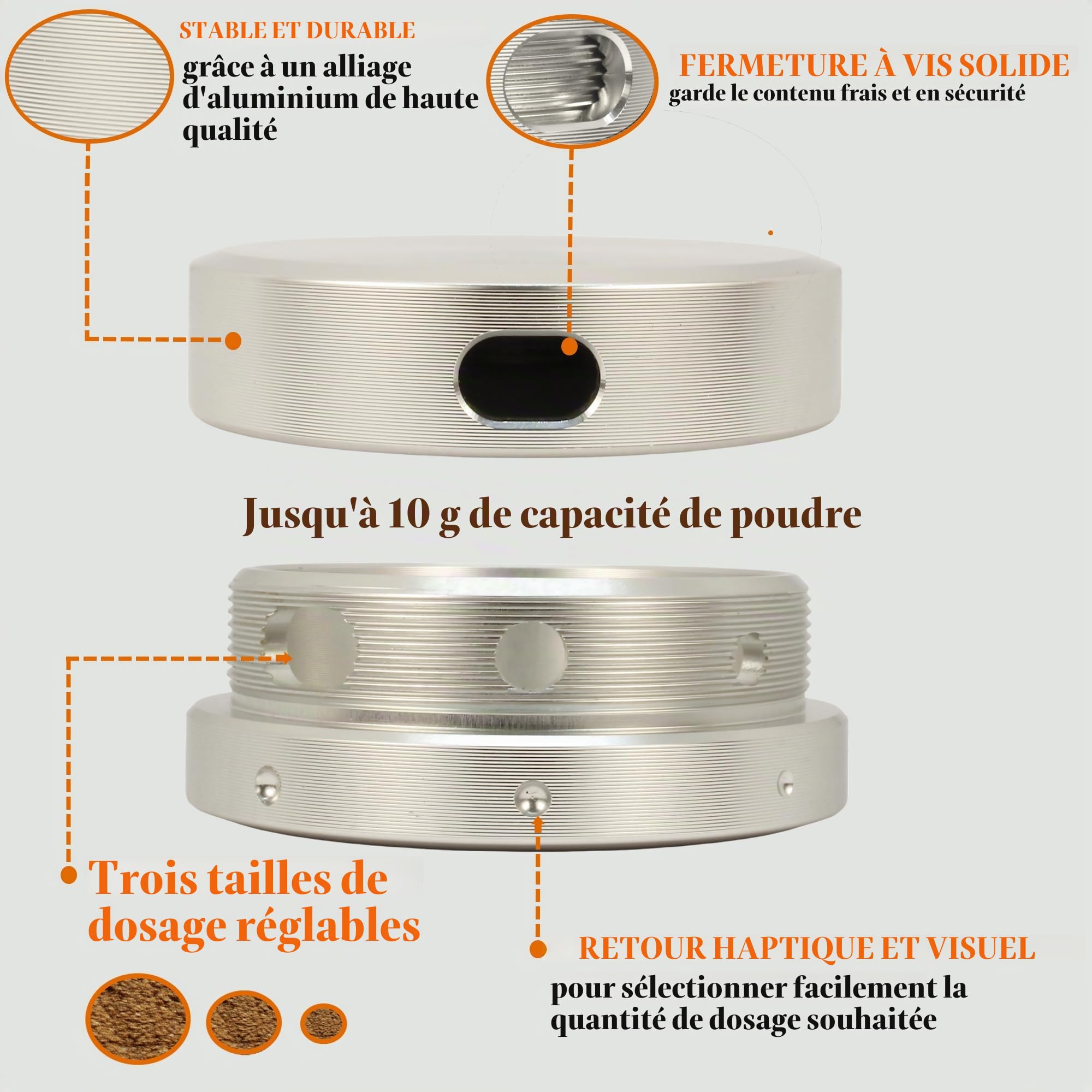 Doseur et boîte en aluminium de qualité supérieure anti-fuite avec taille de dosage réglable, distributeur (argenté)