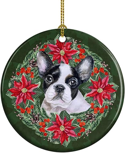 Miniatura 1 de Caroline's Treasures Corona de flor de pascua de bulldog francés en blanco y negro, adorno de cerámica para colgar en el árbol de Navidad,