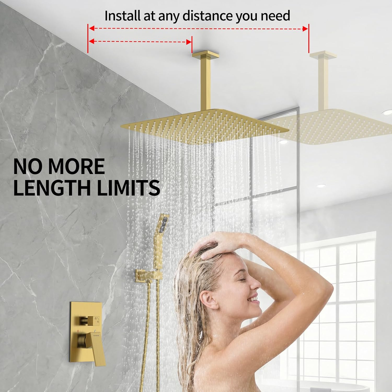 SR SUN RISE 16 Inch Ceiling Mounted Shower System Rain Mixer Shower Combo Set Rainfall Shower Head System Brushed Gold Shower Faucet Rough-in Valve Body and Trim Included