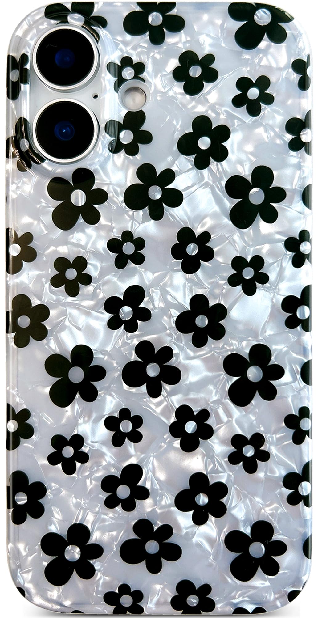 Qokey for iPhone 16 Case 6.1 Inch (2024), Vintage 70s Style Flower Design on Sparkling Shell Pattern, Soft Flexible Bumper, Lightweight Protective