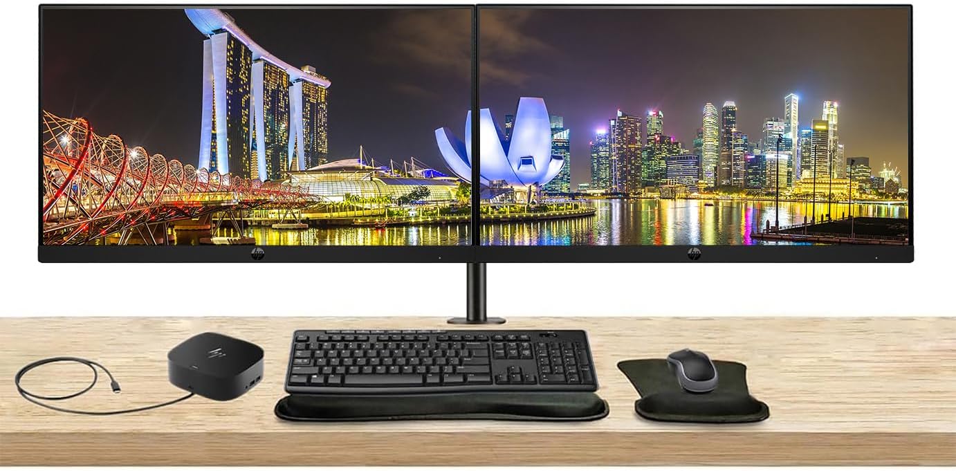 HP Series 3 Pro 22-inch 322ph FHD 1080 LCD Monitor, 2-Pack Bundled with Desk Mount Dual Stand, USB-C Multiport G5 Dock, MK270 Wireless Keyboard & Mouse, Gel Mouse & Wrist Pad