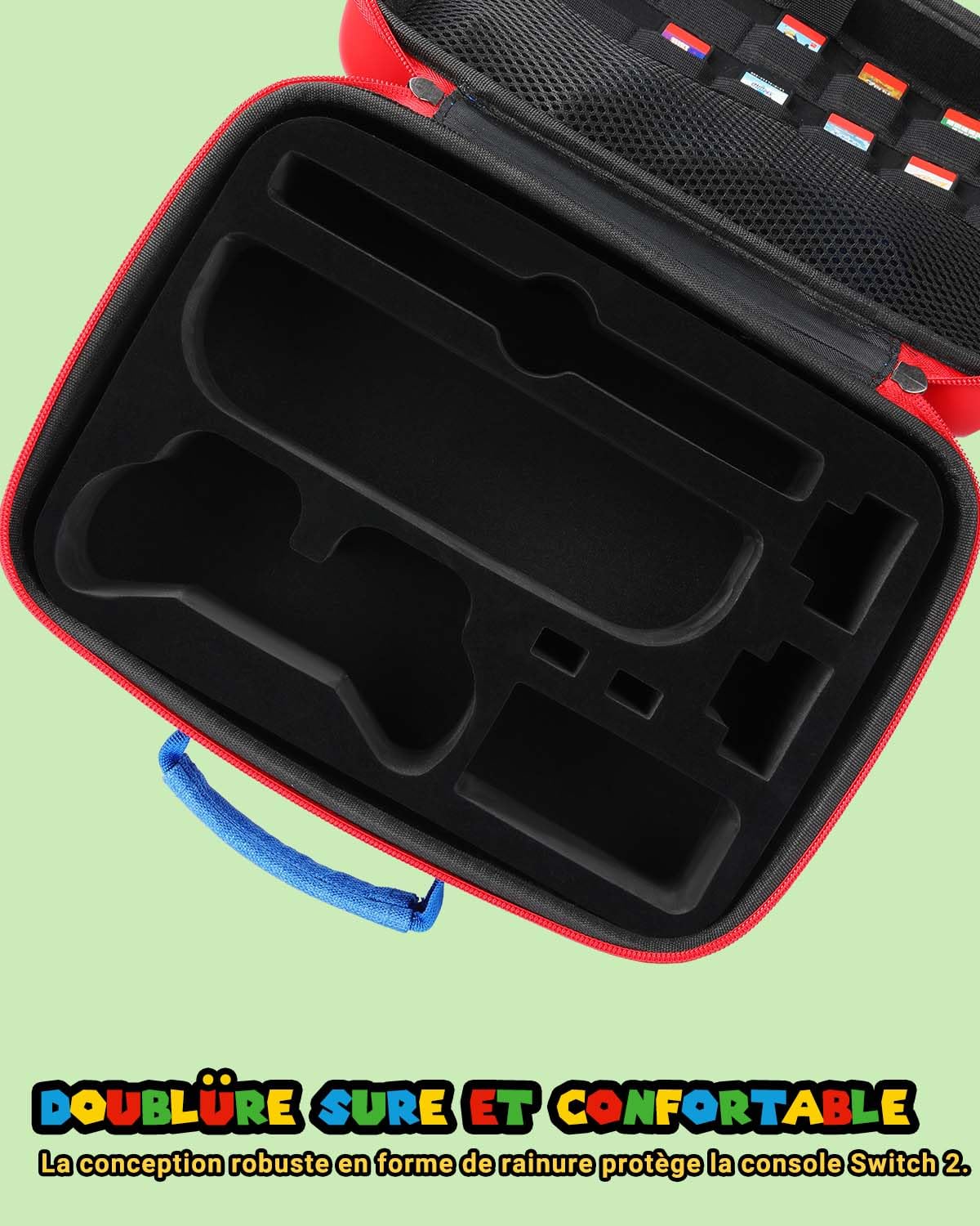 Pochette Switch 2 Tout-en-Un Mignon Compatible avec Nintendo Switch 2, Housse de Transport de Voyage Rigide et Portable Étui pour Console Switch2, Manette Pro, Dock et Accessoires, Rouge Bleu Grande