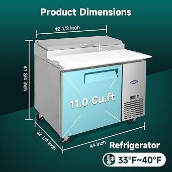 44 Commerical Pizza-Sandwich Prep Table Refrigerator - One Door Stainless Steel Refrigerator, 11 Cu.ft Capacity, Low Noise, Adjustable Shelves, Auto Defrost, Digital Temp Control