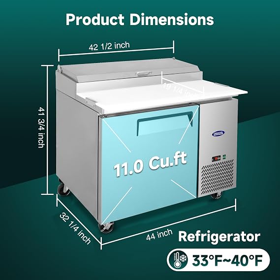 44 Commerical Pizza-Sandwich Prep Table Refrigerator - One Door Stainless Steel Refrigerator, 11 Cu.ft Capacity, Low Noise, Adjustable Shelves, Auto Defrost, Digital Temp Control