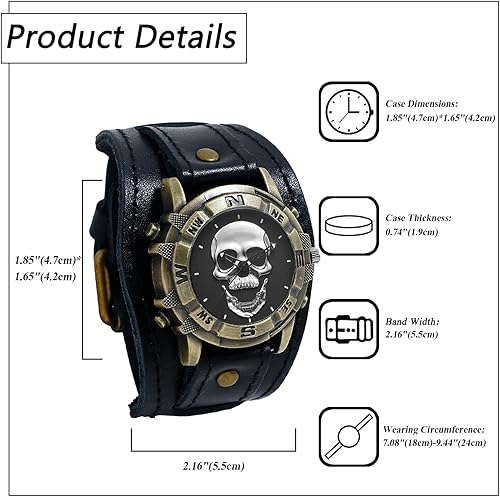Miniatura 6 de Avaner Relojes vintage de cuero punk relojes retro de bronce con calavera de banda ancha de cuarzo para hombres