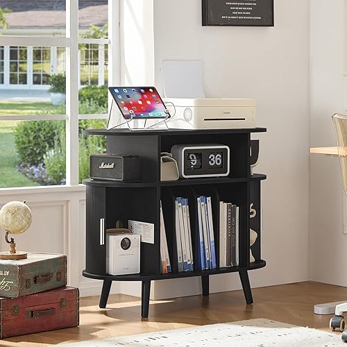 Miniatura 8 de LELELINKY Soporte redondo grande para tocadiscos con estación de carga y estante de exhibición estriado, gabinete giratorio moderno de mediados