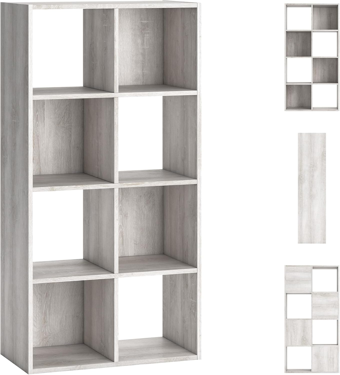 BOWERY HILL Eight-Cube Engineered Wood Organizer, Distressed White Wash Finish, 47 in Tall, Coastal Cottage Style Storage for Bedroom or Living Room, Open and Closed Back Design