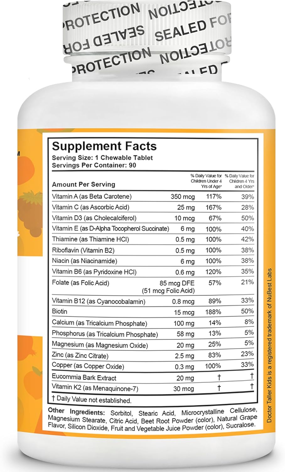 Doctor Taller Kids - Kids Multivitamins, Toddler Vitamins - Support Bone Strength, Enhanced Immunity with Calcium, Multivitamins for Ages 2 to 9 - Grape Flavor - 90 Chewable Tablets | 6 Weeks Supply